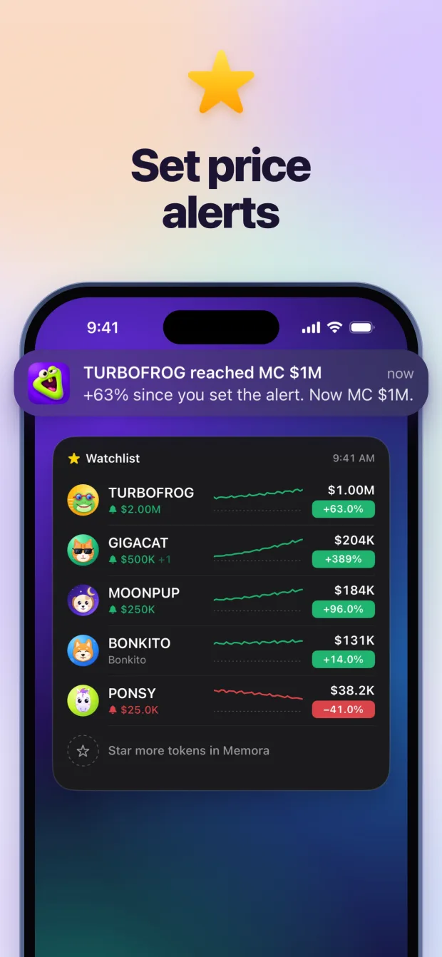 Set price alerts and watch tokens from the home screen